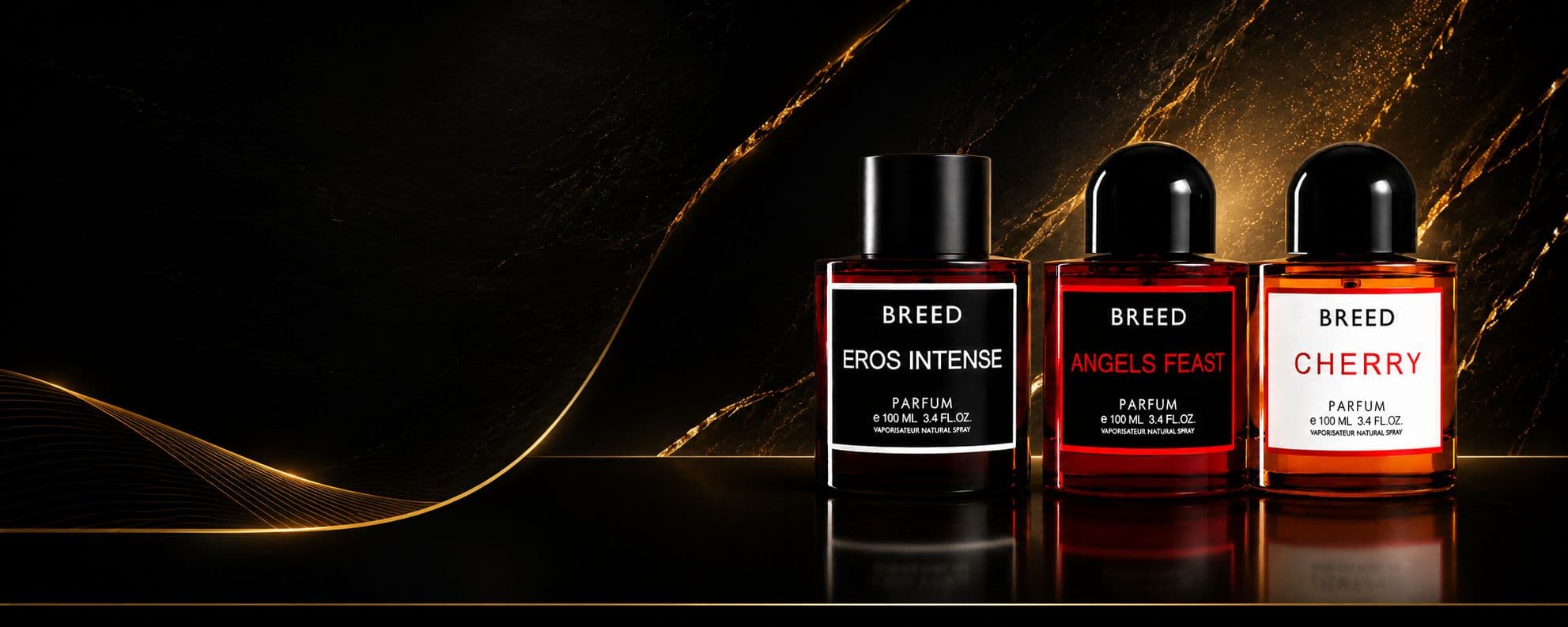 Breed black perfume bottle on dark rocks with gold light